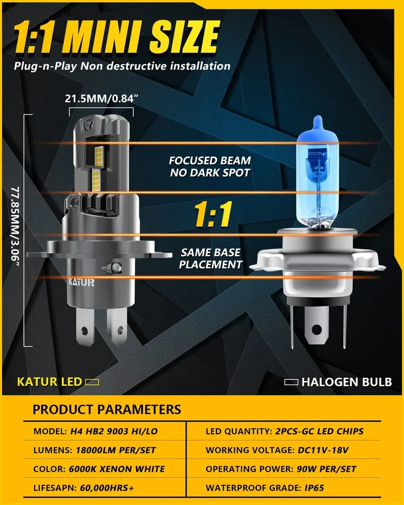 2x H4 LED Scheinwerfer Birne Mini Wireless 100W 20000LM 6500K für Auto Scheinwerfer Auto Diode Lampen H4 Turbo led 12V Hohe Abblendlicht