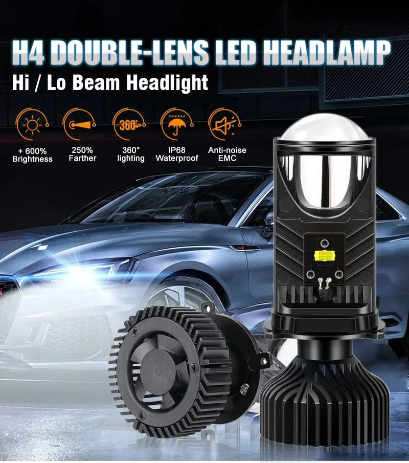 H4 LED-Projektorlinse, Scheinwerfer, Auto-LED-Scheinwerfer, Canbus, 6000 K, Fern-/Abblendlicht, Birne mit Turbolüfter, 22000 lm, 90 W, für Auto/Motorrad, 12 V