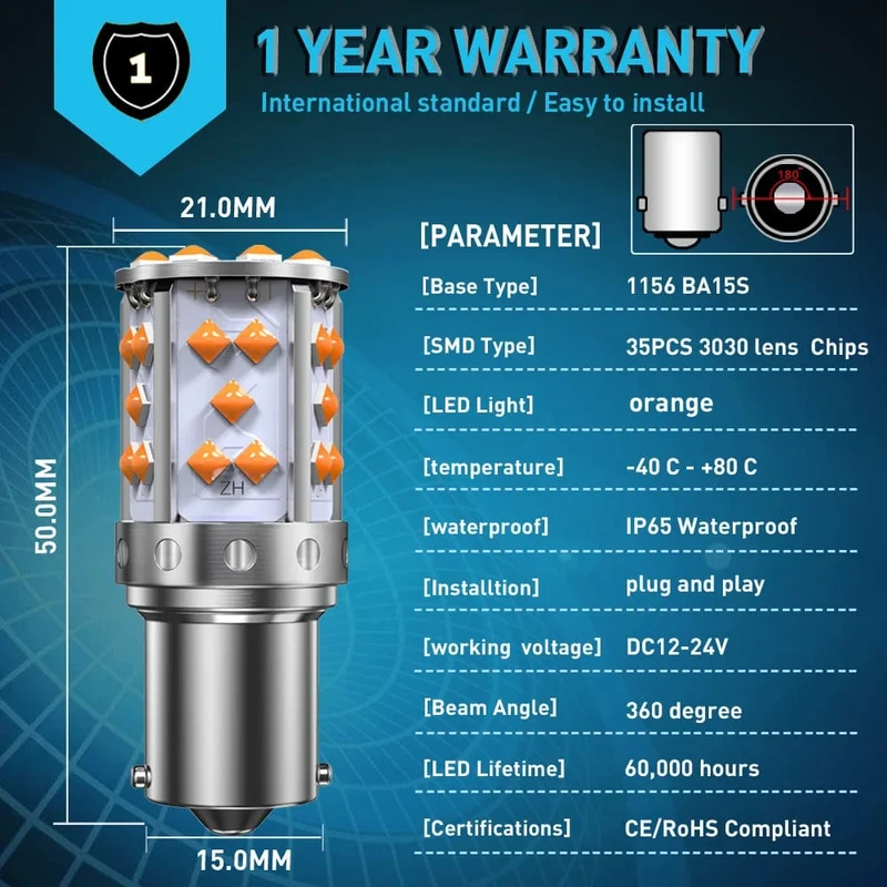 Eine Packung 1156 P21W ba15s Bau15s PY21W 7507 LED Canbus Kein Hyper Flash Blinker Glühbirne Eingebauter Widerstand Fehlerfrei Orange