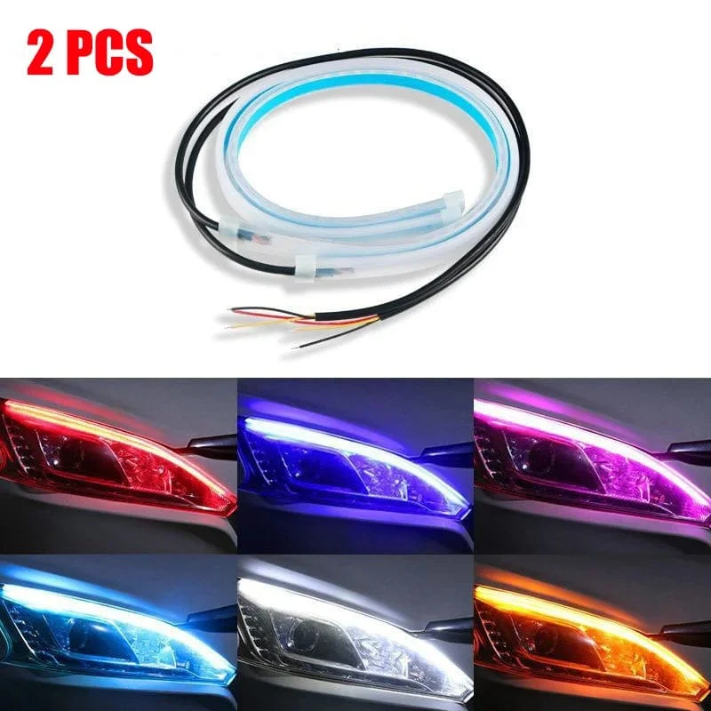 2 stücke 12V LED DRL Auto Tagfahrlicht Flexible Wasserdichte Streifen Auto Scheinwerfer Weiß Blinker Gelb Bremse Flow Lichter
