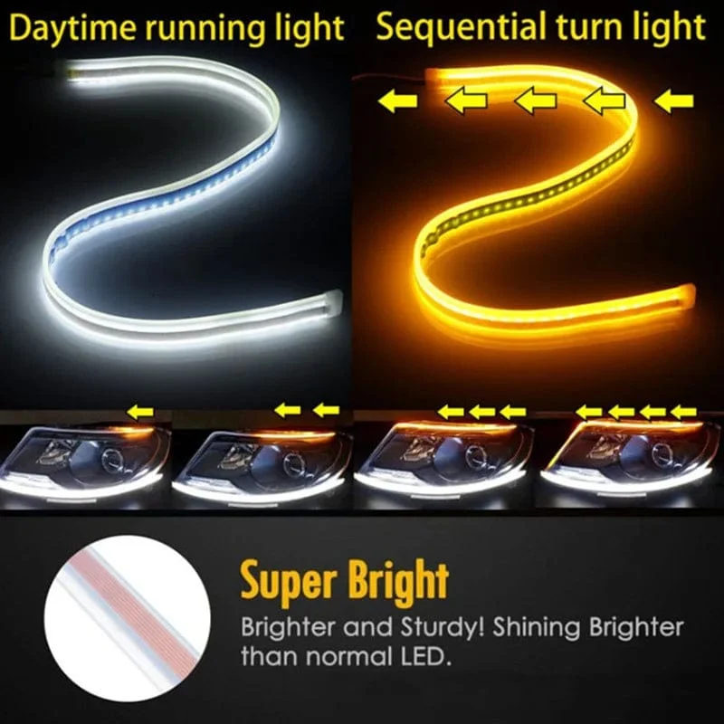 2 stücke 12V LED DRL Auto Tagfahrlicht Flexible Wasserdichte Streifen Auto Scheinwerfer Weiß Blinker Gelb Bremse Flow Lichter