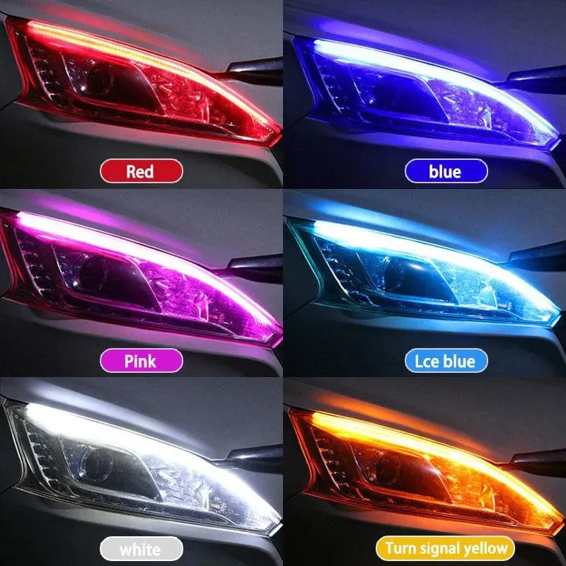 2 stücke 12V LED DRL Auto Tagfahrlicht Flexible Wasserdichte Streifen Auto Scheinwerfer Weiß Blinker Gelb Bremse Flow Lichter