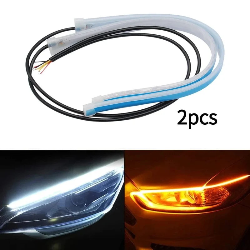 2 stücke 12V LED DRL Auto Tagfahrlicht Flexible Wasserdichte Streifen Auto Scheinwerfer Weiß Blinker Gelb Bremse Flow Lichter