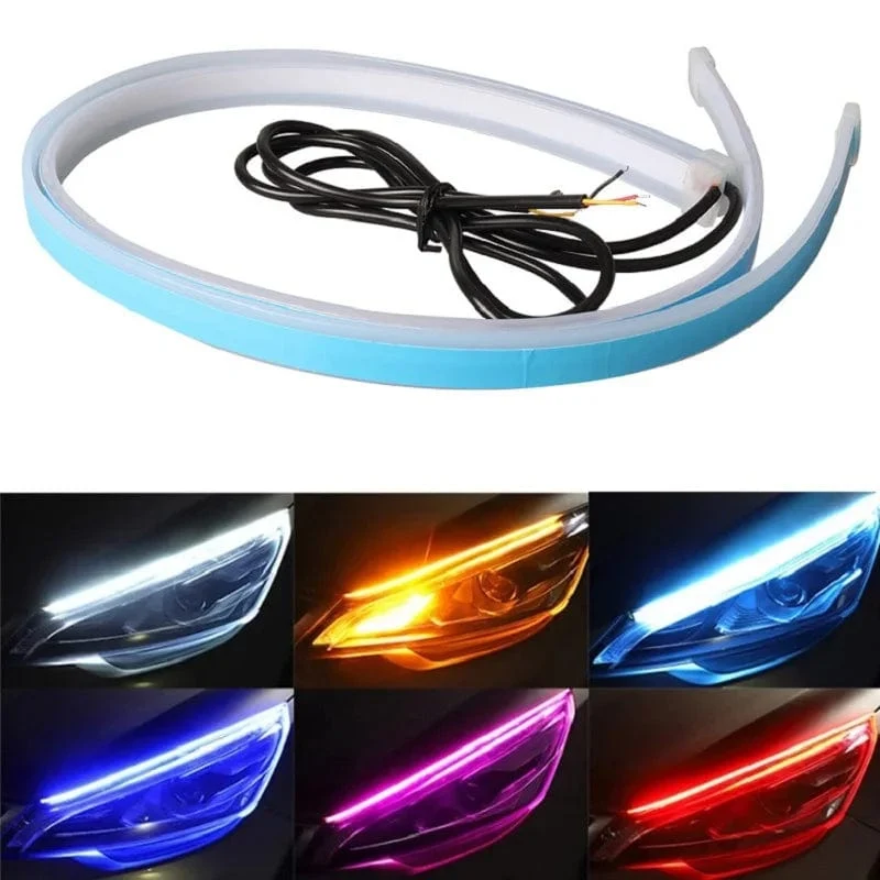 2 stücke 12V LED DRL Auto Tagfahrlicht Flexible Wasserdichte Streifen Auto Scheinwerfer Weiß Blinker Gelb Bremse Flow Lichter