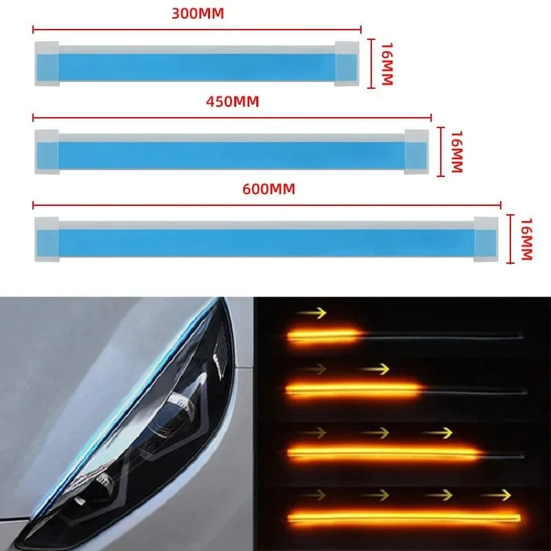 2 stücke 12V LED DRL Auto Tagfahrlicht Flexible Wasserdichte Streifen Auto Scheinwerfer Weiß Blinker Gelb Bremse Flow Lichter