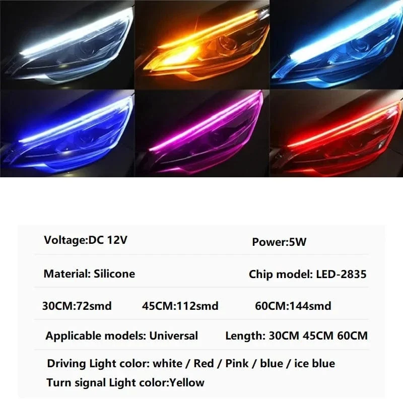 2 stücke 12V LED DRL Auto Tagfahrlicht Flexible Wasserdichte Streifen Auto Scheinwerfer Weiß Blinker Gelb Bremse Flow Lichter