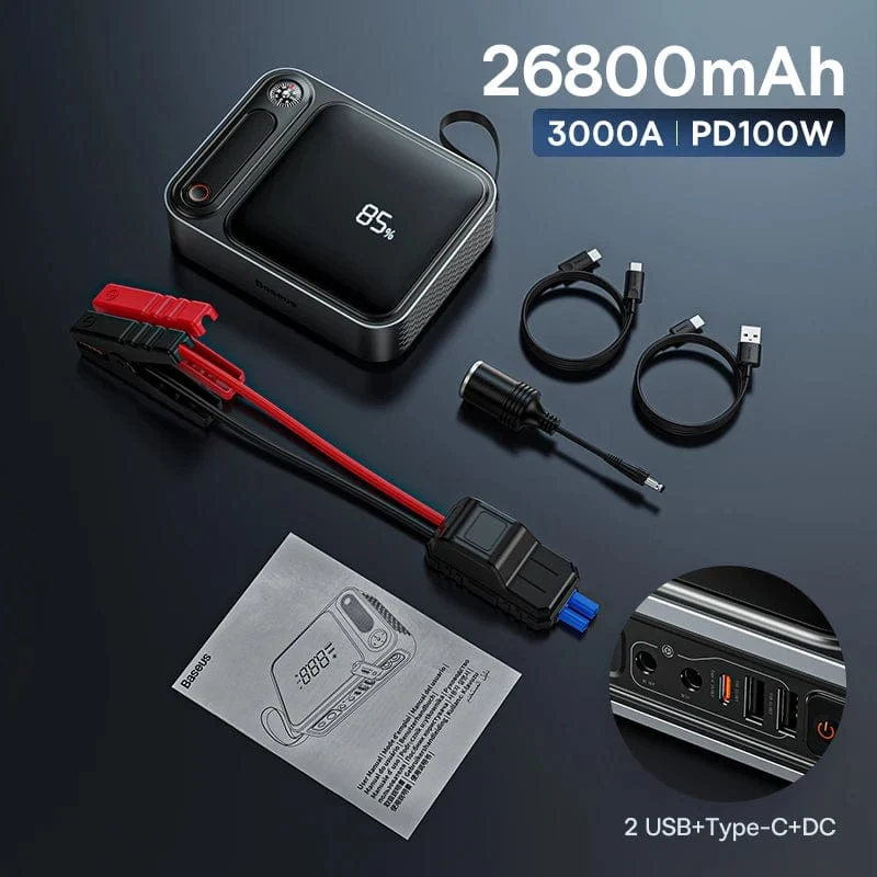 Baseus 3000A Auto Starthilfe Power Bank 26800mAh Auto Startgerät mit PD 100W Schnelllade Autobatterie Ladegerät Booster