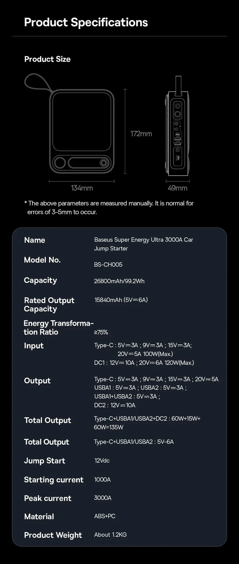 Baseus 3000A Auto Starthilfe Power Bank 26800mAh Auto Startgerät mit PD 100W Schnelllade Autobatterie Ladegerät Booster