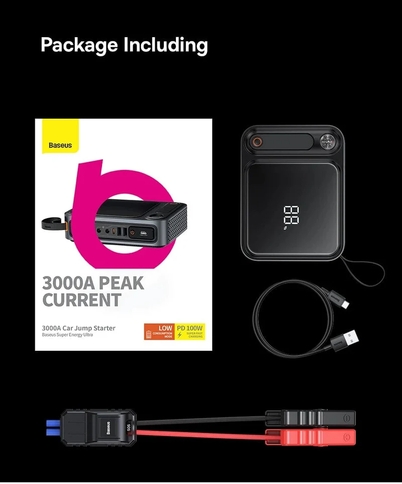 Baseus 3000A Auto Starthilfe Power Bank 26800mAh Auto Startgerät mit PD 100W Schnelllade Autobatterie Ladegerät Booster