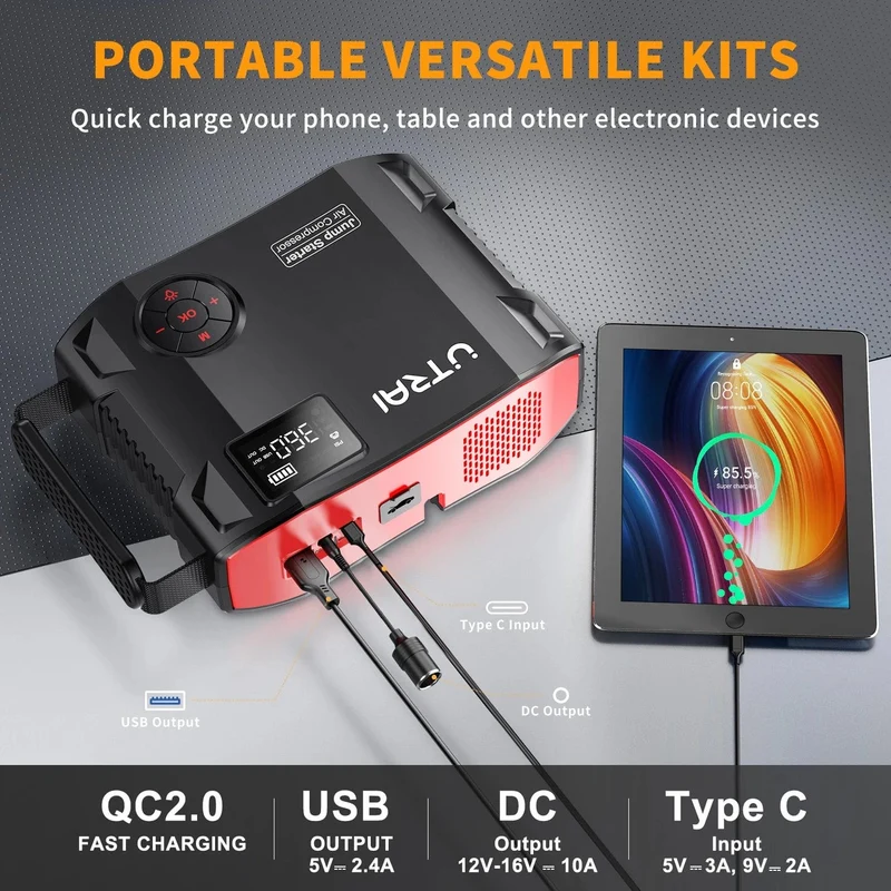 UTRAI 4 In 1 2000A Starthilfe Power Bank 16000mAh 150PSI Luft Kompressor Reifen Pumpe Tragbare Ladegerät Auto Booster Ausgangs gerät