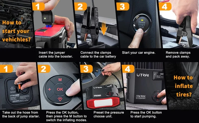 UTRAI 4 In 1 2000A Starthilfe Power Bank 16000mAh 150PSI Luft Kompressor Reifen Pumpe Tragbare Ladegerät Auto Booster Ausgangs gerät