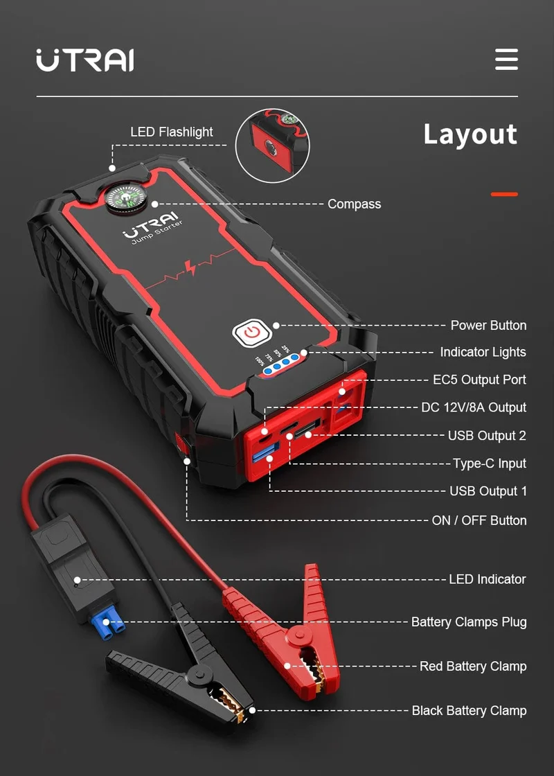 UTRAI Power Bank 2000A Starthilfe Tragbares Ladegerät Auto Booster 12V Auto Start Gerät Notfall Auto Batterie Starter