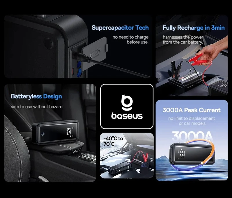 Baseus Superkondensator Auto Starthilfe 3000A Auto Booster Gerät Ladegerät Batterie weniger Tragbares Auto Starten für Notfall Gerät