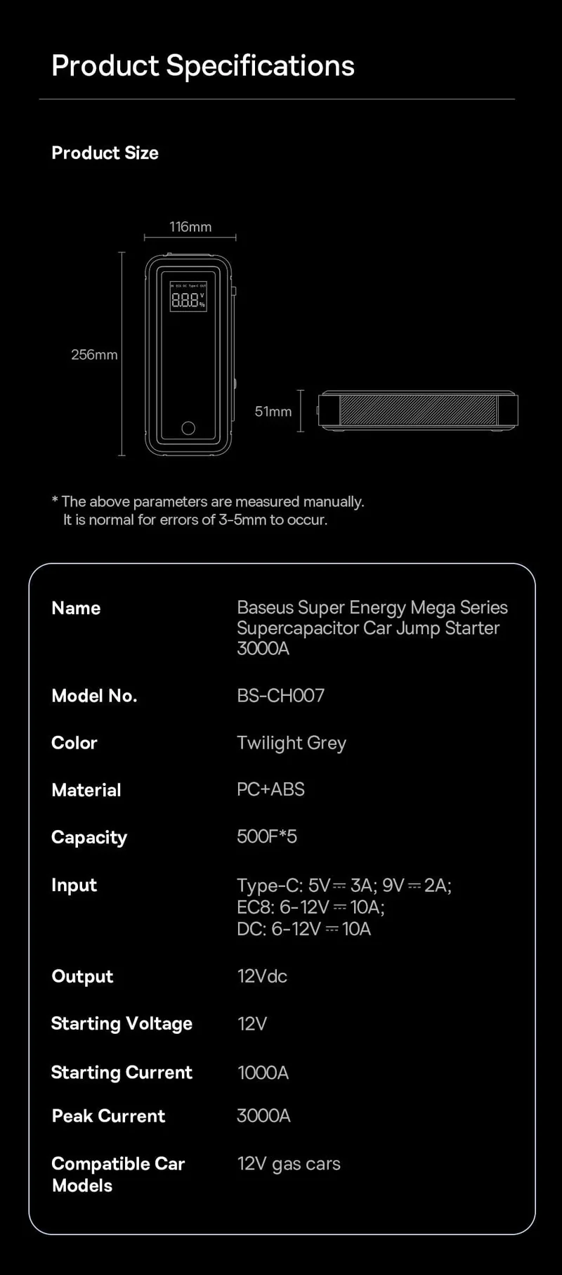 Baseus Superkondensator Auto Starthilfe 3000A Auto Booster Gerät Ladegerät Batterie weniger Tragbares Auto Starten für Notfall Gerät
