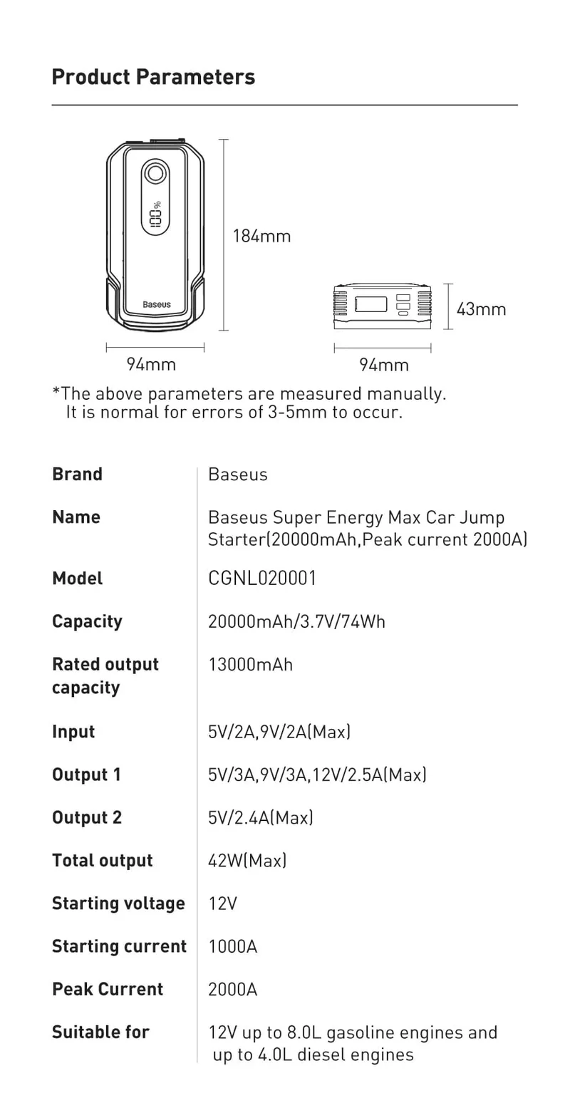 Baseus 20000mAh Auto Starthilfe Power Bank 2000A 20000mAh Auto Batterie Ladegerät Auto Notfall Booster Start Gerät Starthilfe