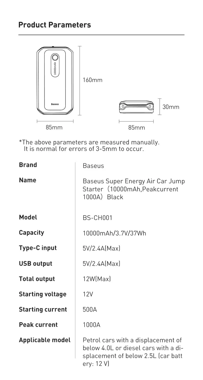 Baseus 20000mAh Starthilfe Power Bank 2000A 12V Tragbarer Autobatterie-Starter Notfall-AUTO-Booster-Startgerät Starthilfe