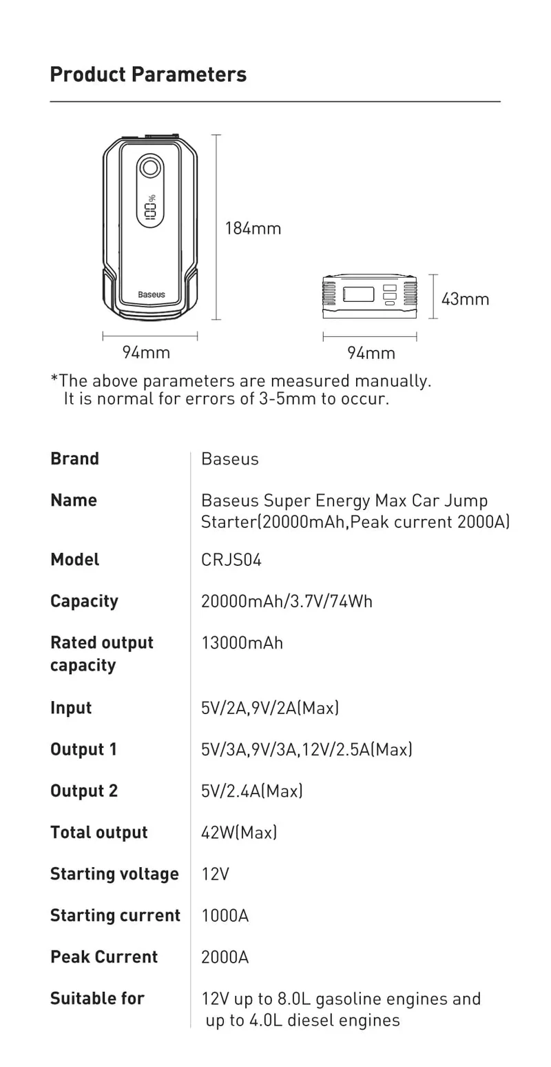 Baseus 20000mAh Starthilfe Power Bank 2000A 12V Tragbarer Autobatterie-Starter Notfall-AUTO-Booster-Startgerät Starthilfe