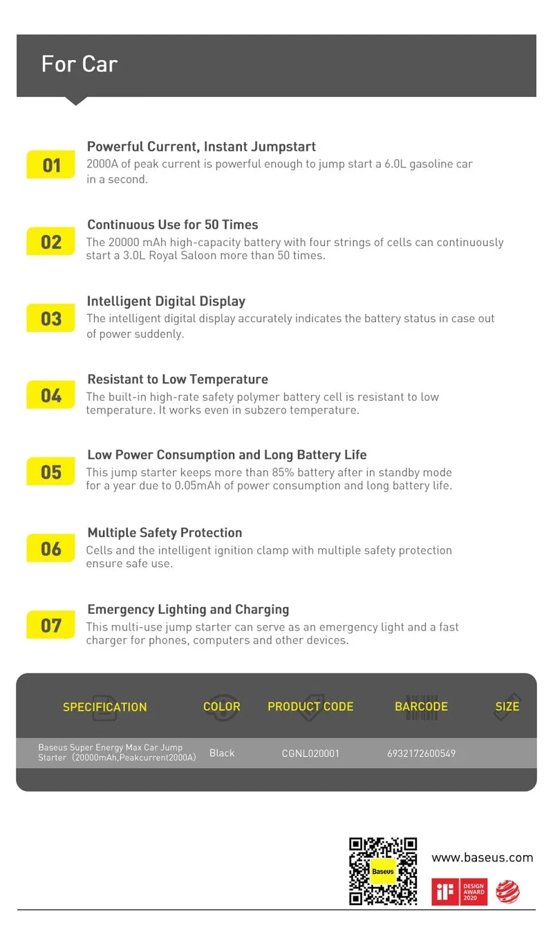 Baseus 20000mAh Starthilfe Power Bank 2000A 12V Tragbarer Autobatterie-Starter Notfall-AUTO-Booster-Startgerät Starthilfe