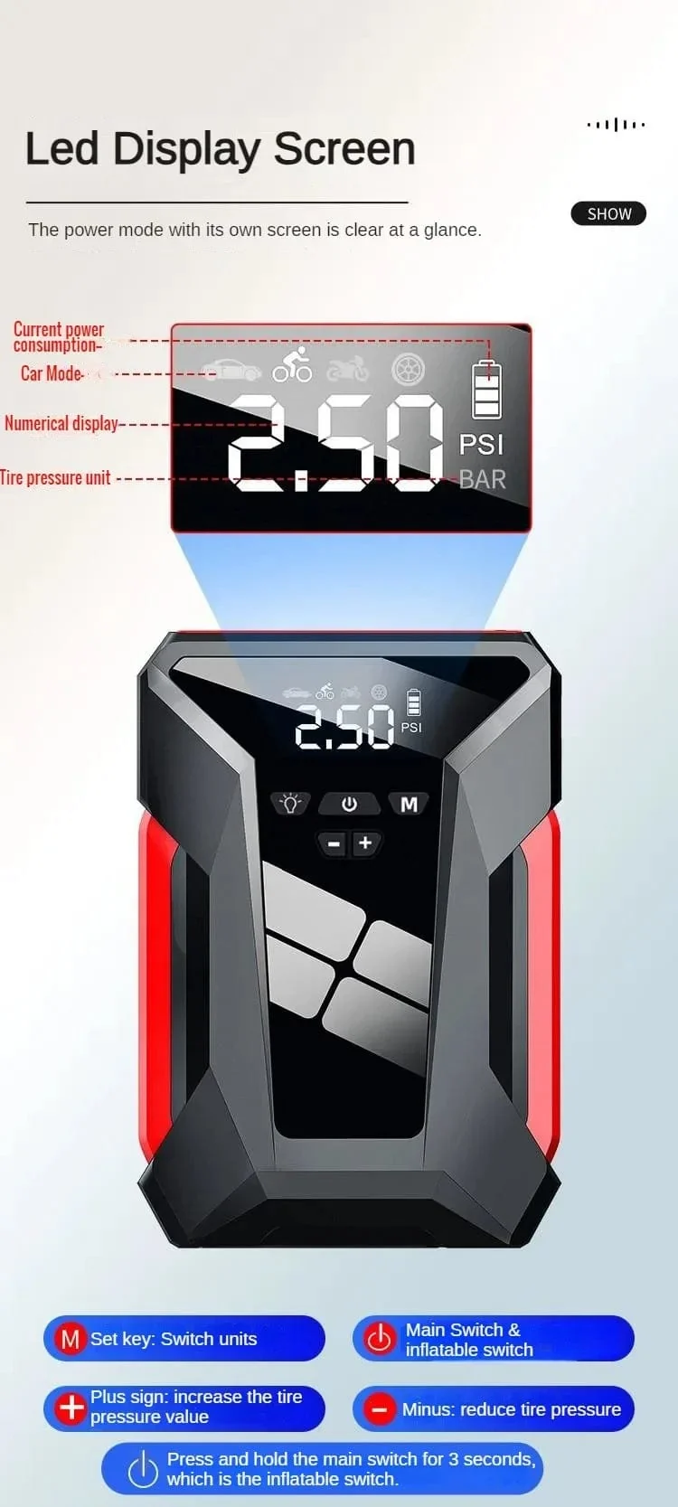 2000A Auto Starthilfe Luftpumpe Multi-Function4In1 Luft Kompressor Power Bank Auto Batterie Starter Starten Auto Reifen Inflator