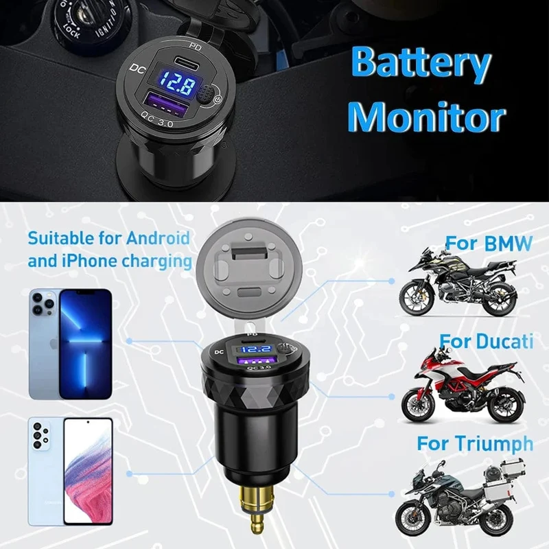 Dual QC3.0 Motorrad USB Ladegerät Moto USB Power Adapter Schalter für BMW R1200GS Abenteuer F800GS Triumph Tiger Ducati DIN Buchse