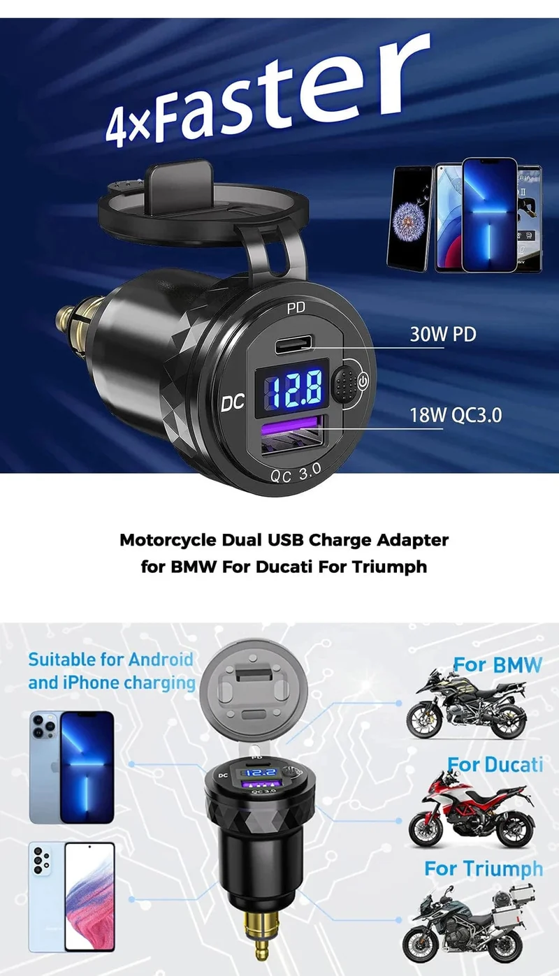 Dual QC3.0 Motorrad USB Ladegerät Moto USB Power Adapter Schalter für BMW R1200GS Abenteuer F800GS Triumph Tiger Ducati DIN Buchse