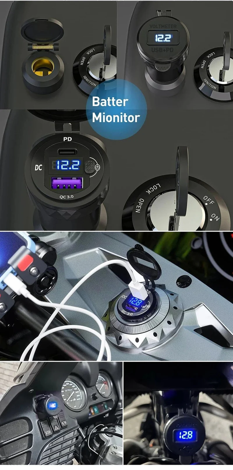 Dual QC3.0 Motorrad USB Ladegerät Moto USB Power Adapter Schalter für BMW R1200GS Abenteuer F800GS Triumph Tiger Ducati DIN Buchse