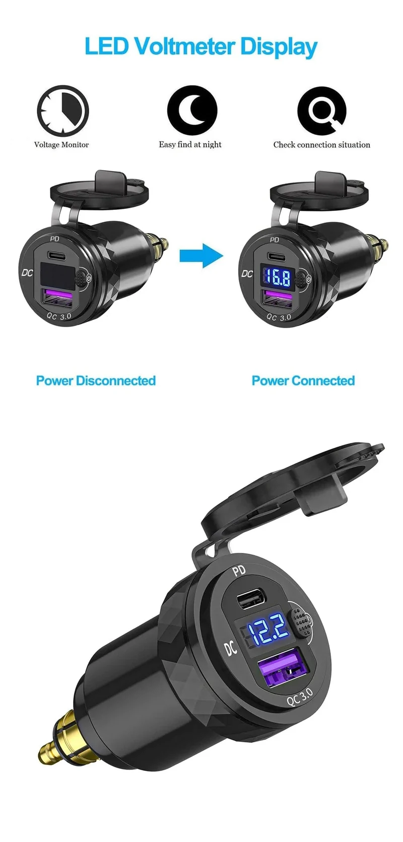 Dual QC3.0 Motorrad USB Ladegerät Moto USB Power Adapter Schalter für BMW R1200GS Abenteuer F800GS Triumph Tiger Ducati DIN Buchse