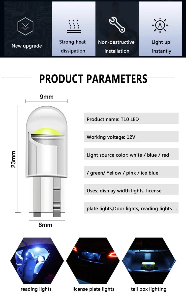 10 STÜCKE W5W LED T10 Auto Licht COB Glasgehäuse Auto Autos Keil Kennzeichenleuchte Innenkuppel Leselicht t10 DRL Birne