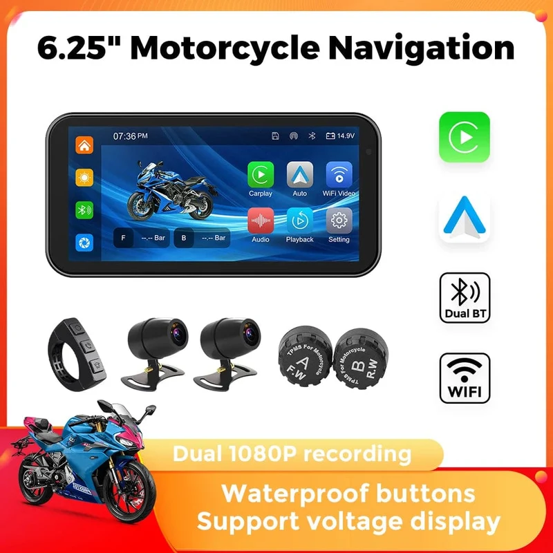 Tragbares 6.25-Zoll-IP67-wasserdichtes Motorrad-GPS-Navigationssystem, kabelloses Carplay, Android Auto, DVR, Fahrtenrekorder, Moto-Monitor, WIFI