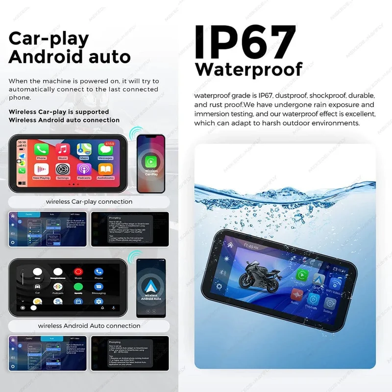 Tragbares 6.25-Zoll-IP67-wasserdichtes Motorrad-GPS-Navigationssystem, kabelloses Carplay, Android Auto, DVR, Fahrtenrekorder, Moto-Monitor, WIFI