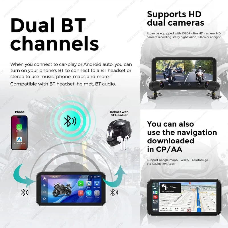 Tragbares 6.25-Zoll-IP67-wasserdichtes Motorrad-GPS-Navigationssystem, kabelloses Carplay, Android Auto, DVR, Fahrtenrekorder, Moto-Monitor, WIFI