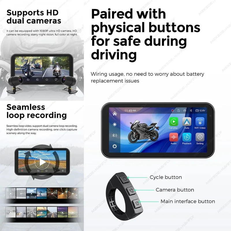 Tragbares 6.25-Zoll-IP67-wasserdichtes Motorrad-GPS-Navigationssystem, kabelloses Carplay, Android Auto, DVR, Fahrtenrekorder, Moto-Monitor, WIFI
