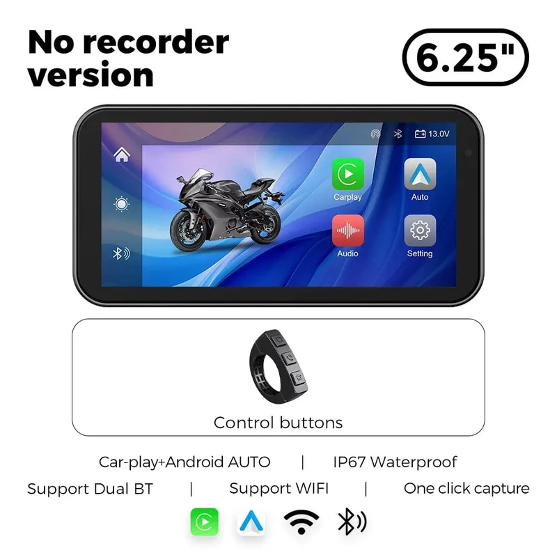 Tragbares 6.25-Zoll-IP67-wasserdichtes Motorrad-GPS-Navigationssystem, kabelloses Carplay, Android Auto, DVR, Fahrtenrekorder, Moto-Monitor, WIFI