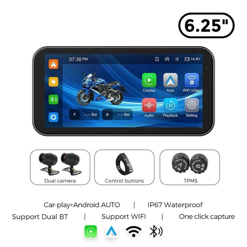 Tragbares 6.25-Zoll-IP67-wasserdichtes Motorrad-GPS-Navigationssystem, kabelloses Carplay, Android Auto, DVR, Fahrtenrekorder, Moto-Monitor, WIFI