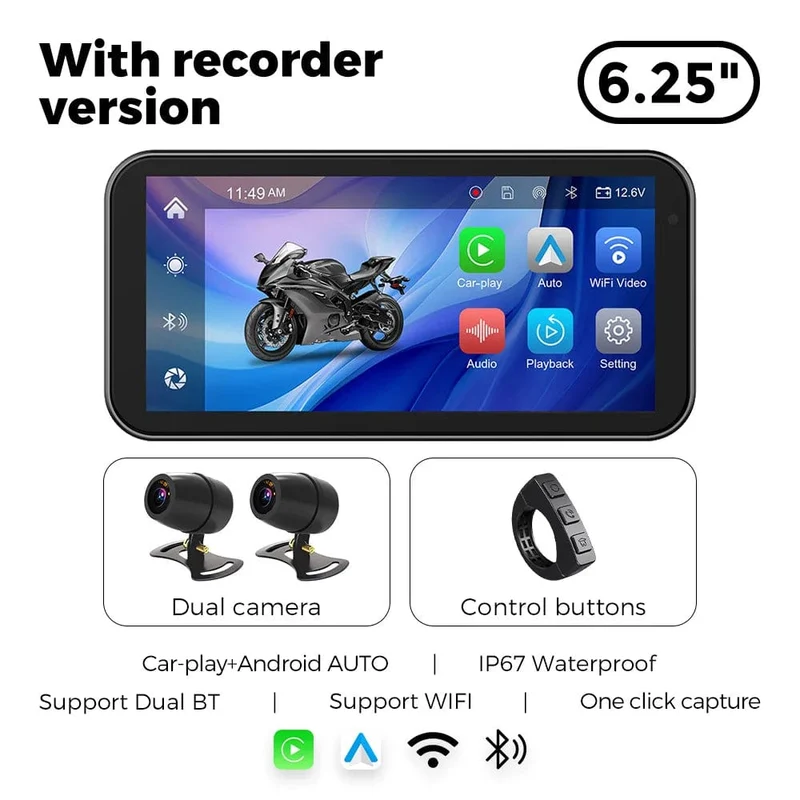 Tragbares 6.25-Zoll-IP67-wasserdichtes Motorrad-GPS-Navigationssystem, kabelloses Carplay, Android Auto, DVR, Fahrtenrekorder, Moto-Monitor, WIFI
