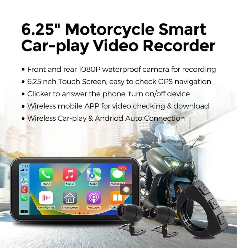Tragbares 6.25-Zoll-IP67-wasserdichtes Motorrad-GPS-Navigationssystem, kabelloses Carplay, Android Auto, DVR, Fahrtenrekorder, Moto-Monitor, WIFI