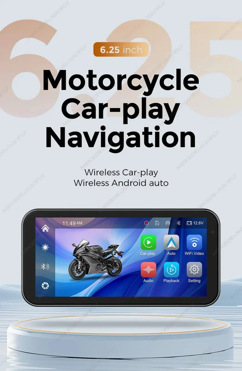 Tragbares 6.25-Zoll-IP67-wasserdichtes Motorrad-GPS-Navigationssystem, kabelloses Carplay, Android Auto, DVR, Fahrtenrekorder, Moto-Monitor, WIFI