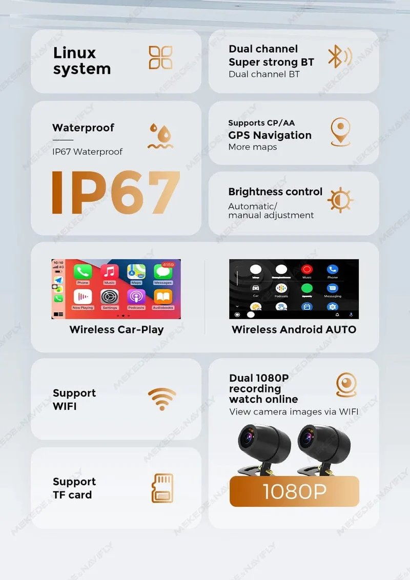 Tragbares 6.25-Zoll-IP67-wasserdichtes Motorrad-GPS-Navigationssystem, kabelloses Carplay, Android Auto, DVR, Fahrtenrekorder, Moto-Monitor, WIFI