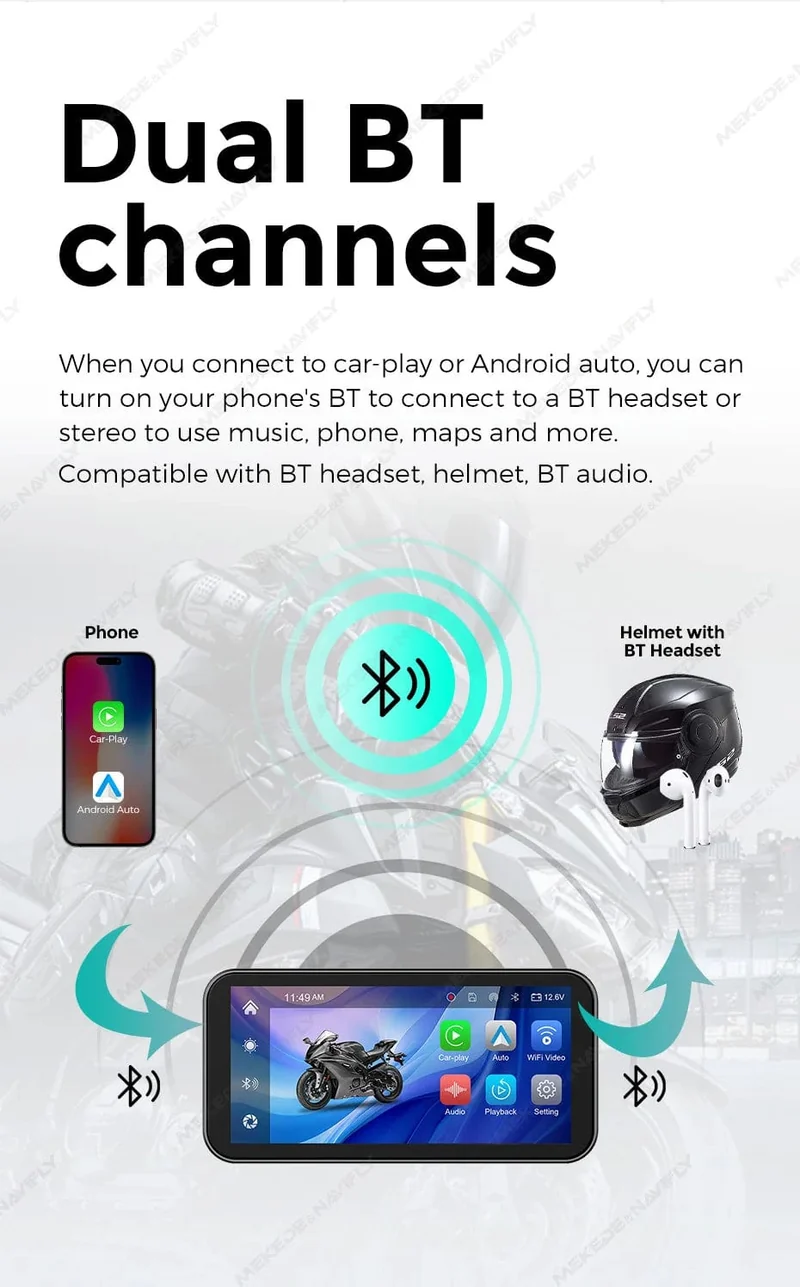 Tragbares 6.25-Zoll-IP67-wasserdichtes Motorrad-GPS-Navigationssystem, kabelloses Carplay, Android Auto, DVR, Fahrtenrekorder, Moto-Monitor, WIFI