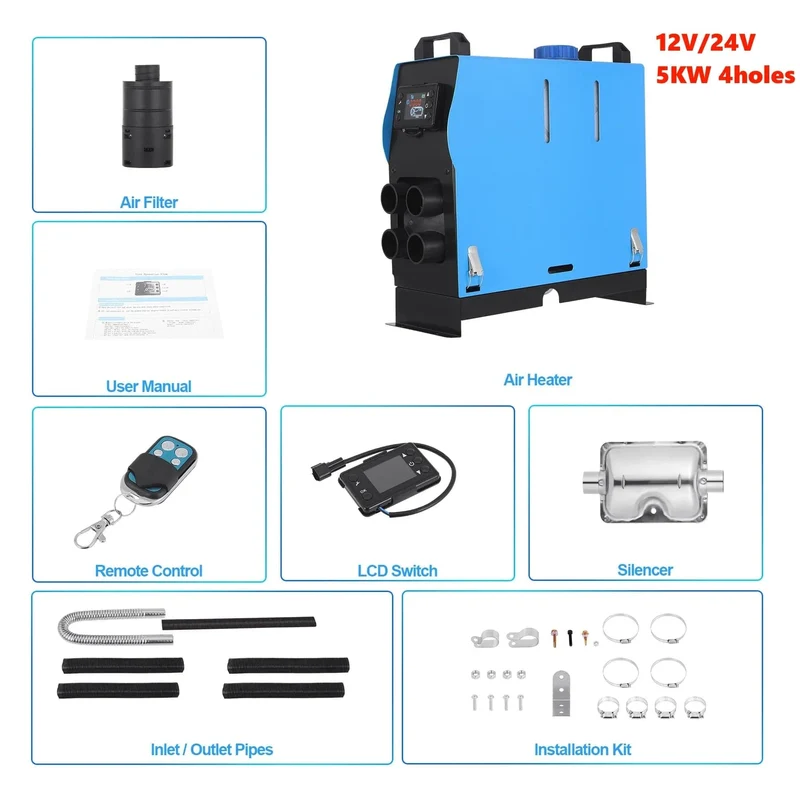 Samger 5KW Diesel-Luftheizung 12-24V All-in-One-Autoheizung mit Schalldämpfer, LCD-Schalter, Fernbedienung für Auto, Bus, Wohnmobil, Lkw, SUV