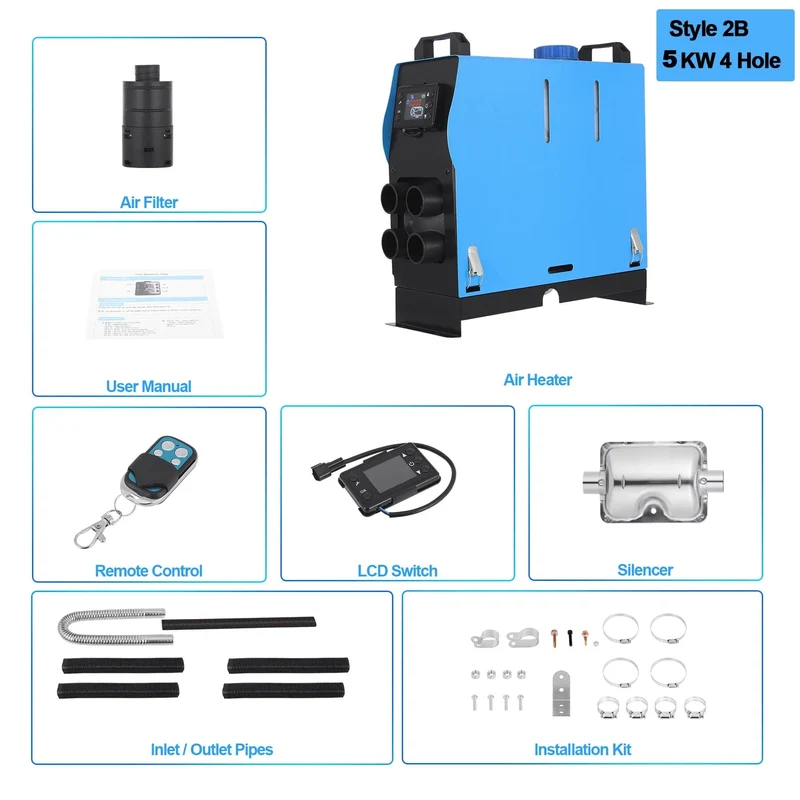 Samger 5KW Diesel-Luftheizung 12-24V All-in-One-Autoheizung mit Schalldämpfer, LCD-Schalter, Fernbedienung für Auto, Bus, Wohnmobil, Lkw, SUV