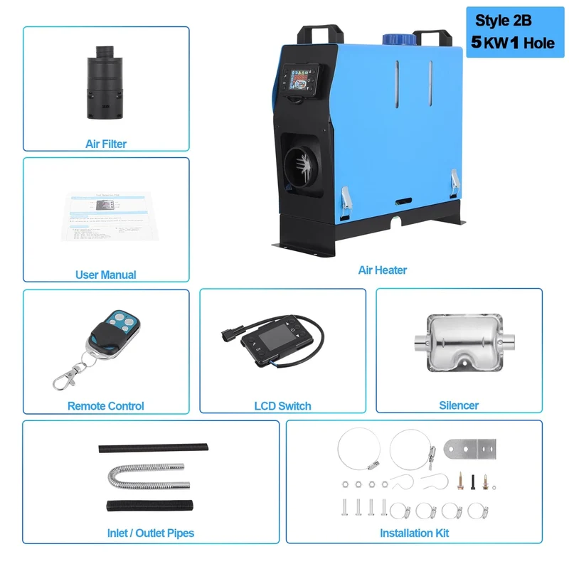 Samger 5KW Diesel-Luftheizung 12-24V All-in-One-Autoheizung mit Schalldämpfer, LCD-Schalter, Fernbedienung für Auto, Bus, Wohnmobil, Lkw, SUV