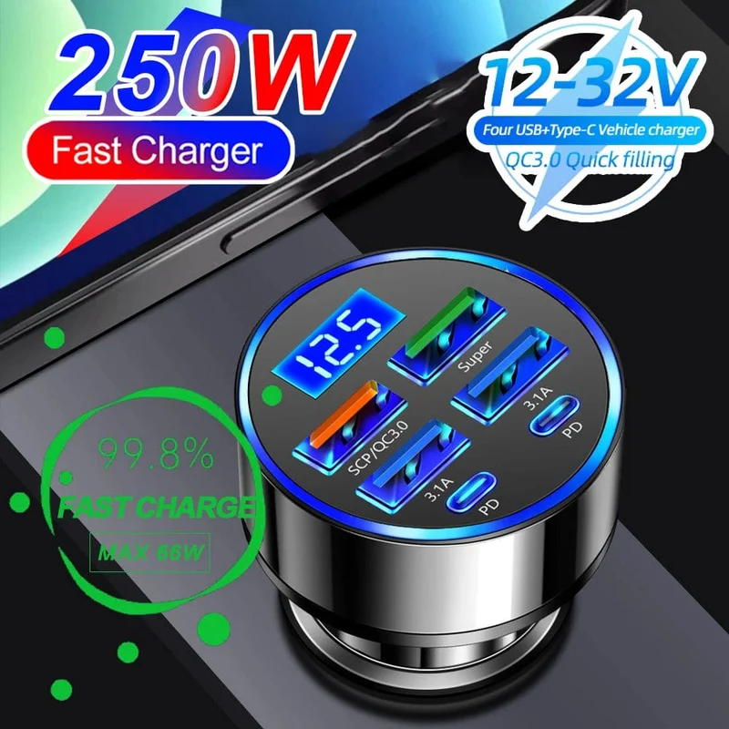 250 W PD-Autoladegerät QC3.0 Schnellladung Ein- bis Sechs-Zigarettenanzünderstecker Autoladegerät mit 5 Anschlüssen Blitzladung mit digitaler Anzeige