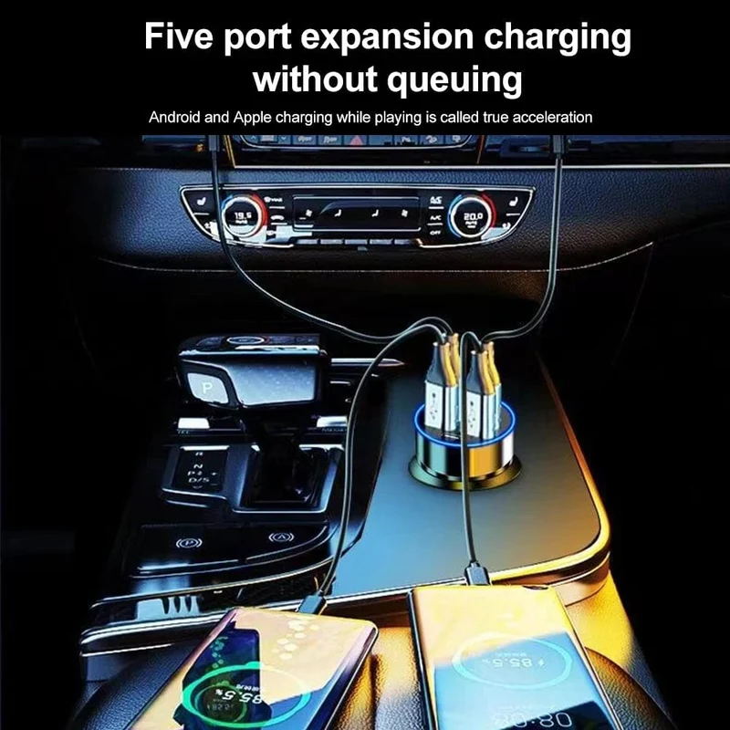 250 W PD-Autoladegerät QC3.0 Schnellladung Ein- bis Sechs-Zigarettenanzünderstecker Autoladegerät mit 5 Anschlüssen Blitzladung mit digitaler Anzeige