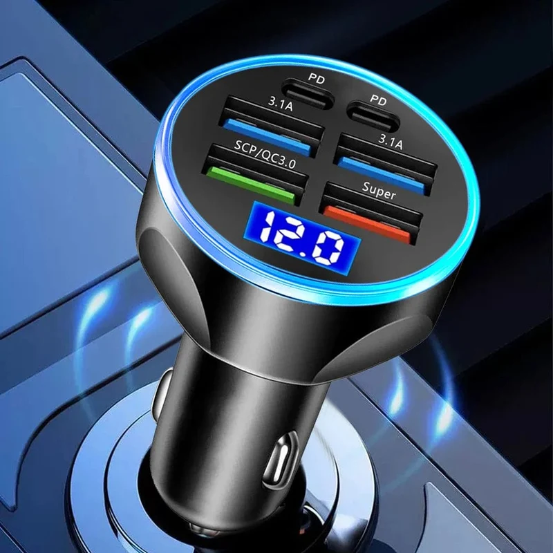 250 W PD-Autoladegerät QC3.0 Schnellladung Ein- bis Sechs-Zigarettenanzünderstecker Autoladegerät mit 5 Anschlüssen Blitzladung mit digitaler Anzeige