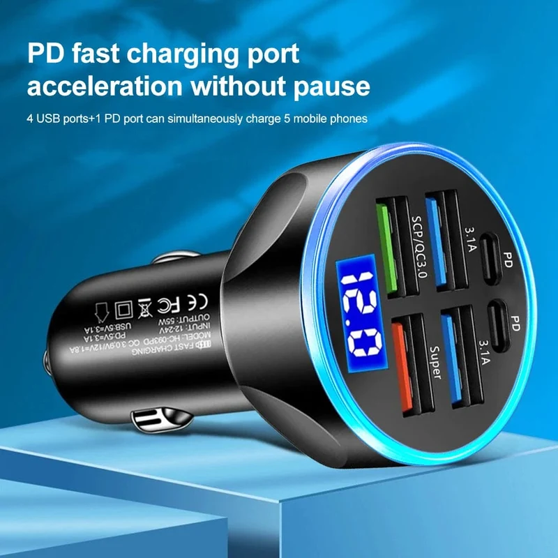 250 W PD-Autoladegerät QC3.0 Schnellladung Ein- bis Sechs-Zigarettenanzünderstecker Autoladegerät mit 5 Anschlüssen Blitzladung mit digitaler Anzeige
