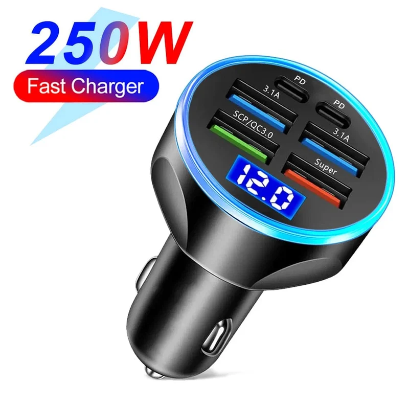 250 W PD-Autoladegerät QC3.0 Schnellladung Ein- bis Sechs-Zigarettenanzünderstecker Autoladegerät mit 5 Anschlüssen Blitzladung mit digitaler Anzeige