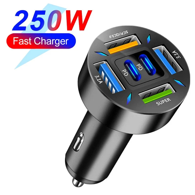250 W PD-Autoladegerät QC3.0 Schnellladung Ein- bis Sechs-Zigarettenanzünderstecker Autoladegerät mit 5 Anschlüssen Blitzladung mit digitaler Anzeige