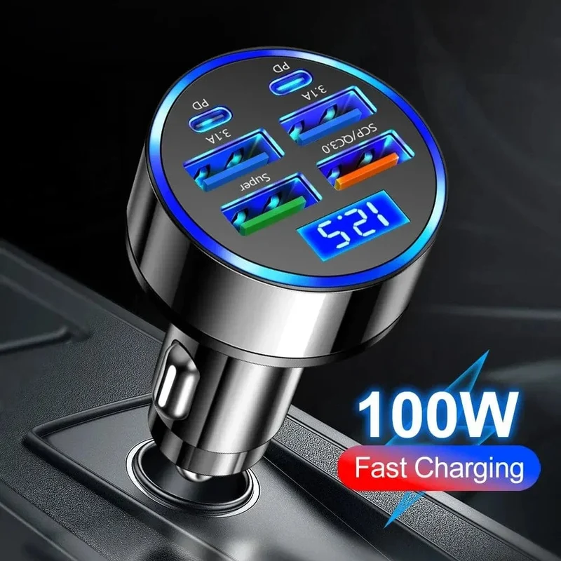 250 W PD-Autoladegerät QC3.0 Schnellladung Ein- bis Sechs-Zigarettenanzünderstecker Autoladegerät mit 5 Anschlüssen Blitzladung mit digitaler Anzeige