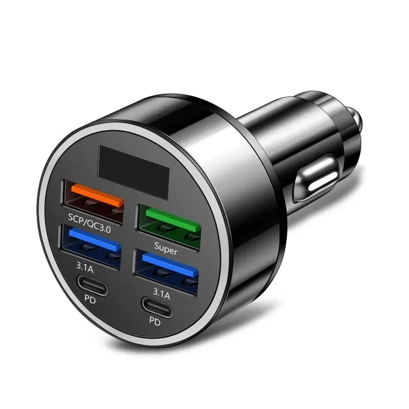 250 W PD-Autoladegerät QC3.0 Schnellladung Ein- bis Sechs-Zigarettenanzünderstecker Autoladegerät mit 5 Anschlüssen Blitzladung mit digitaler Anzeige